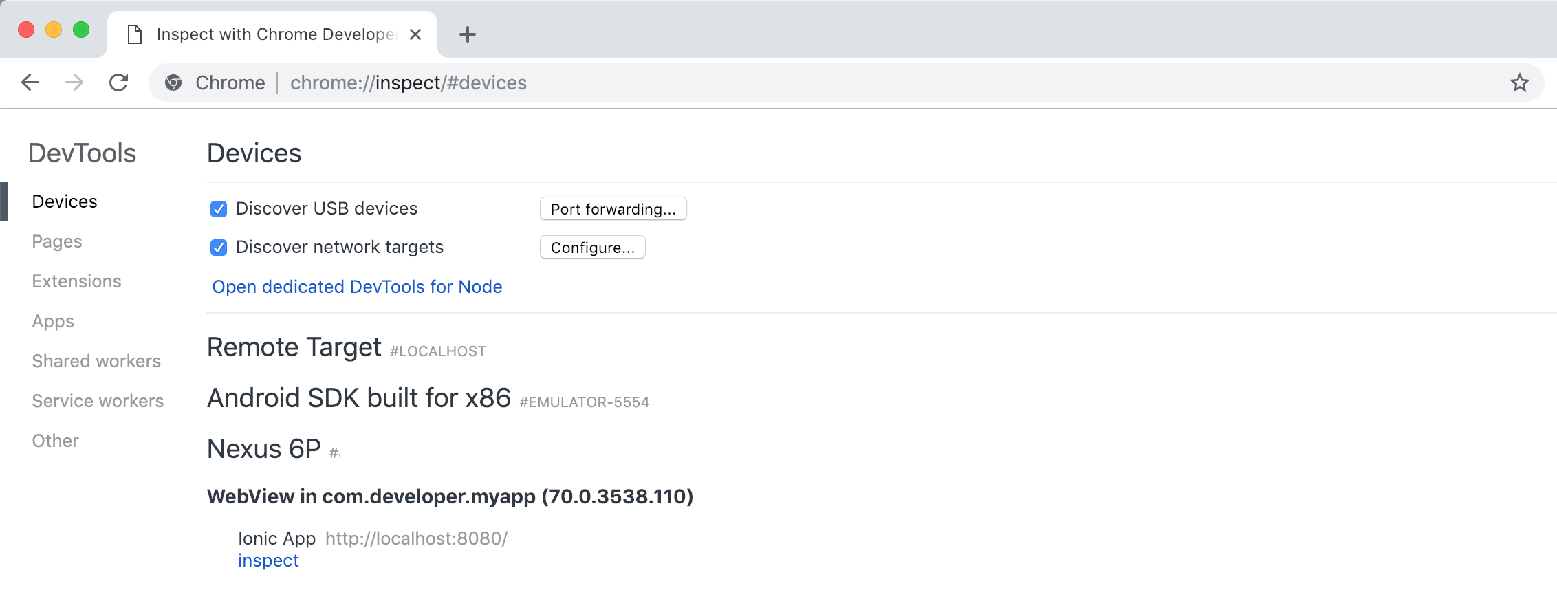 Chrome DevTools 显示可用于检查的设备列表。