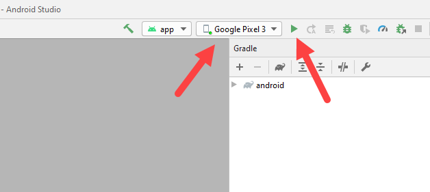 Android Studio 界面，箭头指向 Run 按钮和已连接的设备。