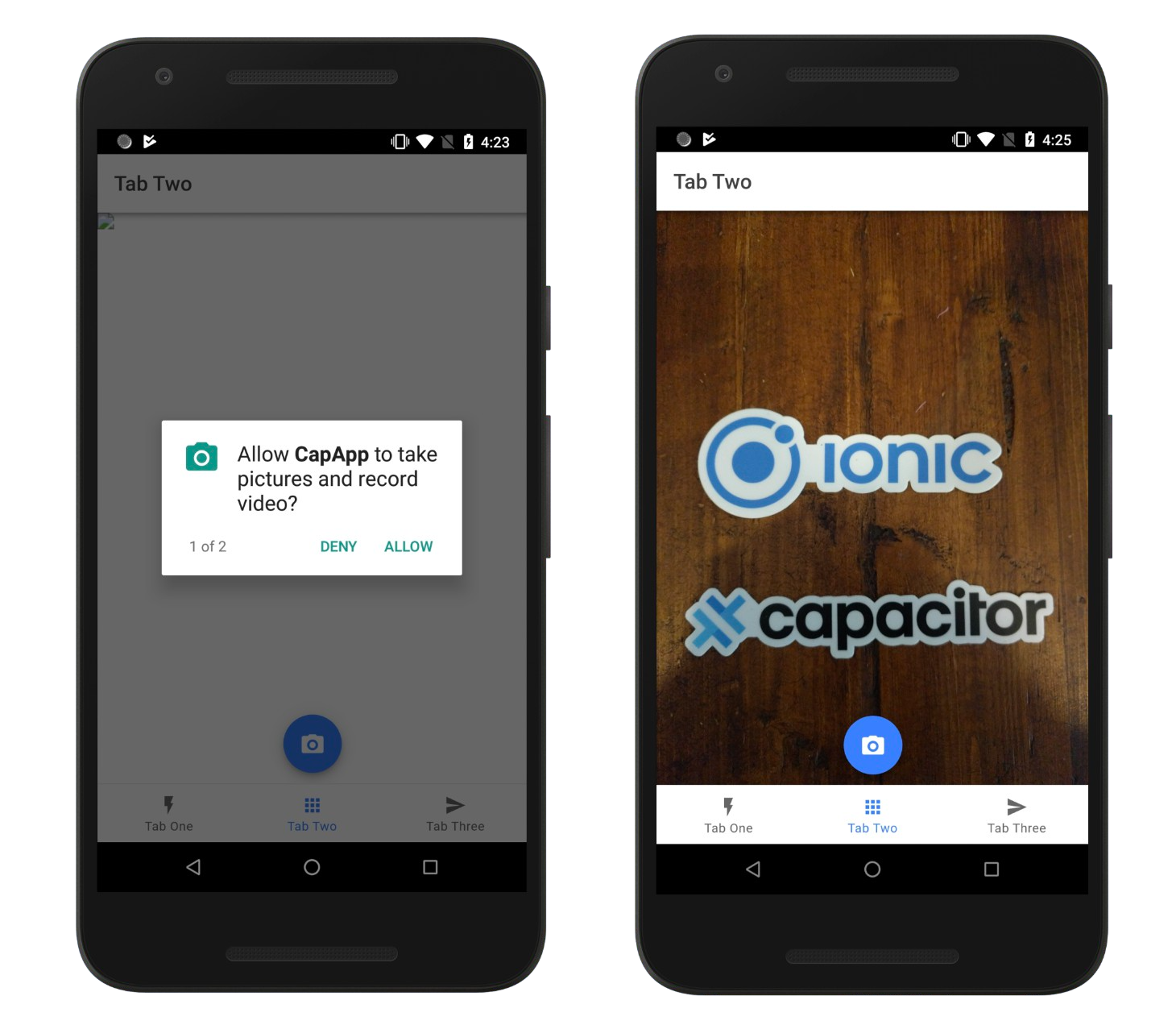 两部 Android 手机并排显示，一部显示相机权限提示，另一部显示应用拍摄的  照片。
