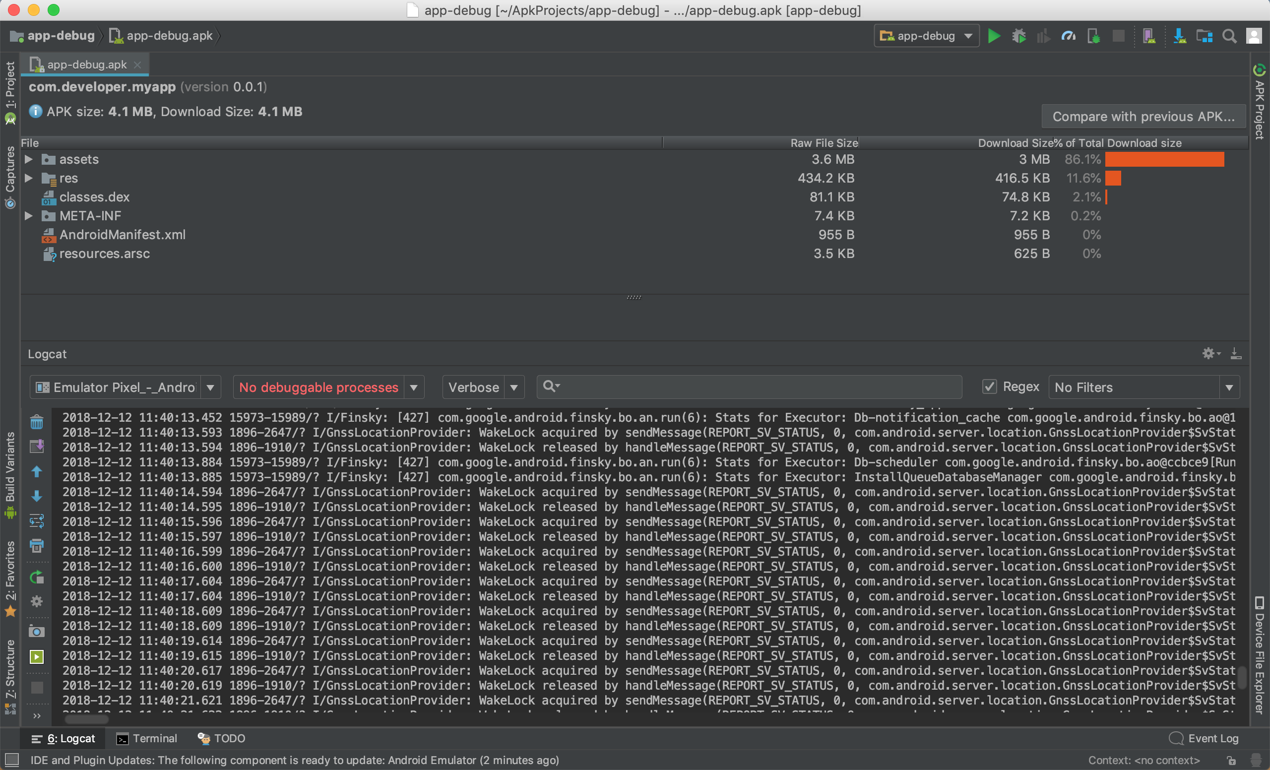 Android Studio 中的 Logcat 窗口显示来自 Android 设备的日志。