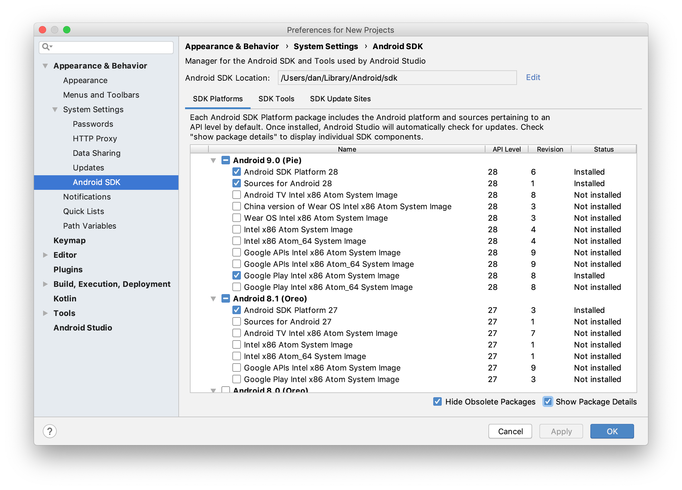 Android Studio SDK Manager 显示已安装和可用的 SDK 包。