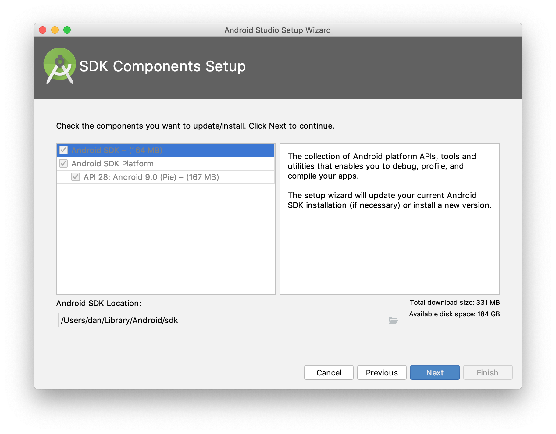 Android Studio SDK Components Setup 界面，显示已选择安装 Android SDK 和 API 28：Android 9.0 (Pie)。