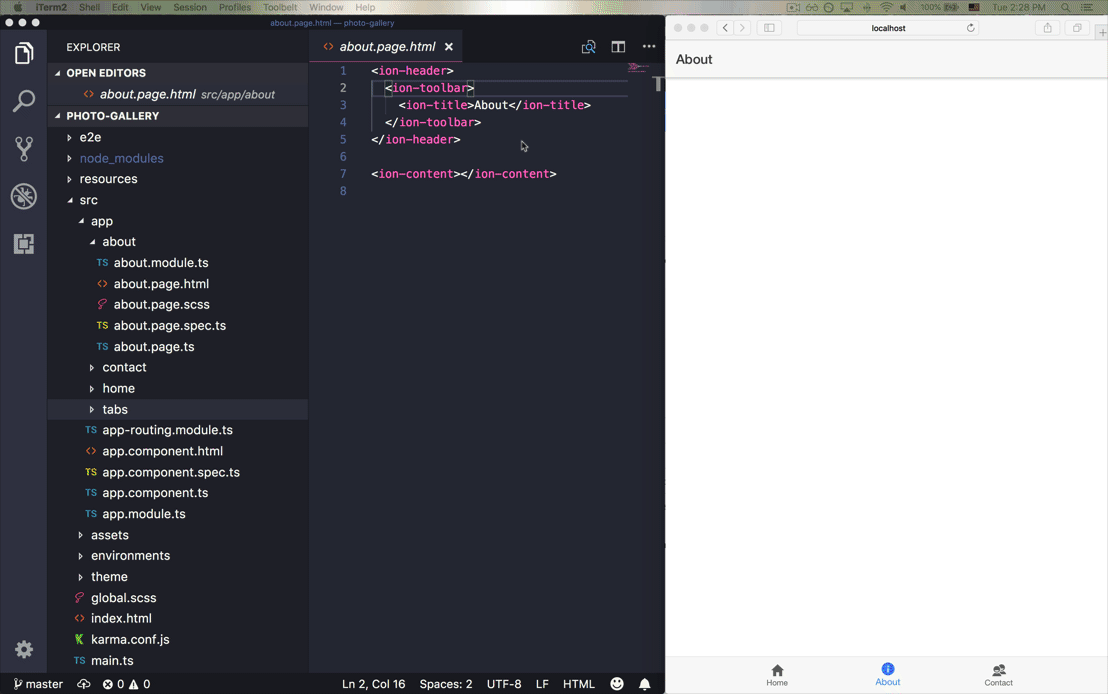 动画 GIF，展示 Ionic 应用中的实时重新加载功能，代码更改会立即更新 Web 浏览器中的应用