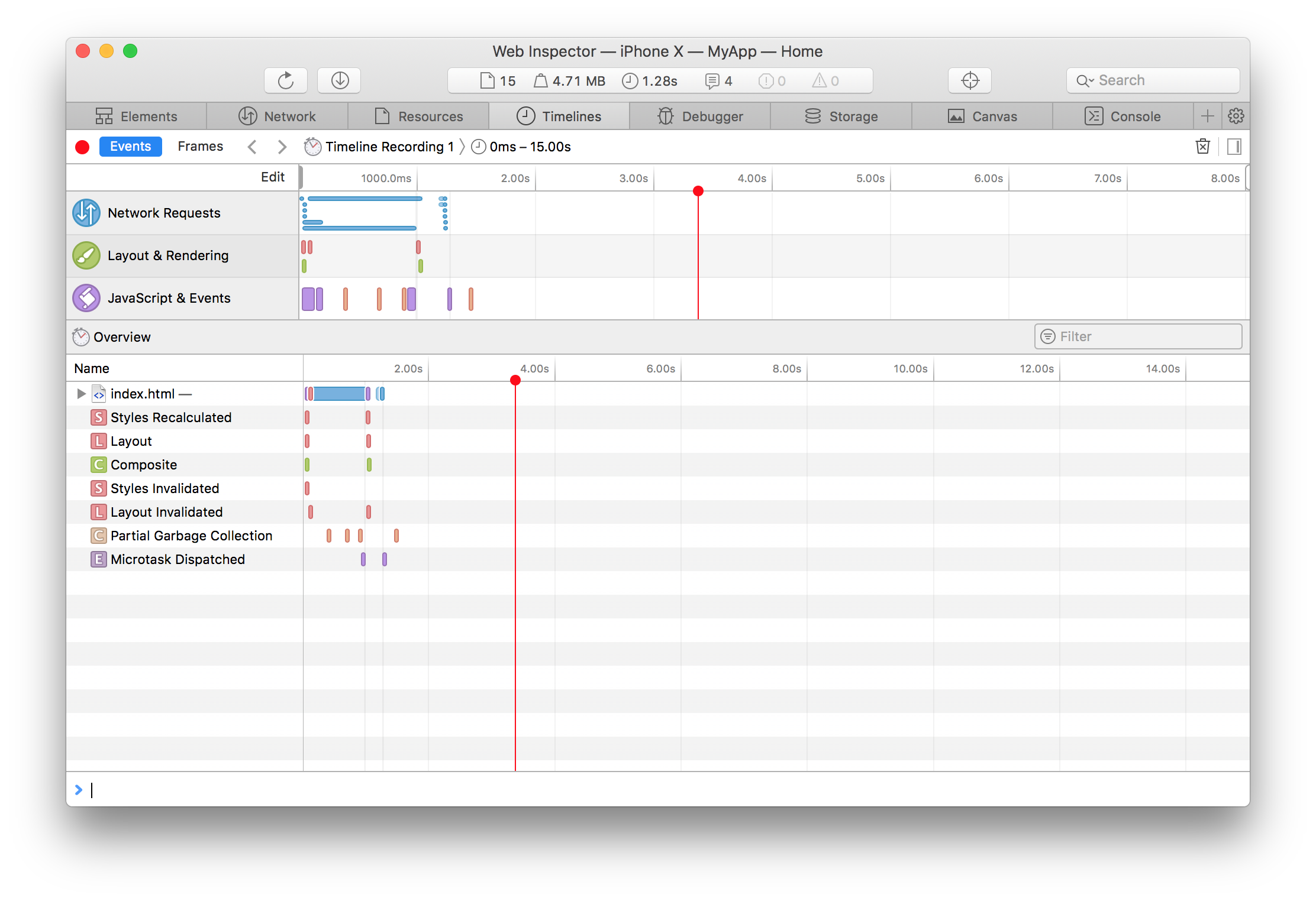 Safari Web Inspector 窗口显示用于 iOS 应用性能分析的 Timelines 选项卡。