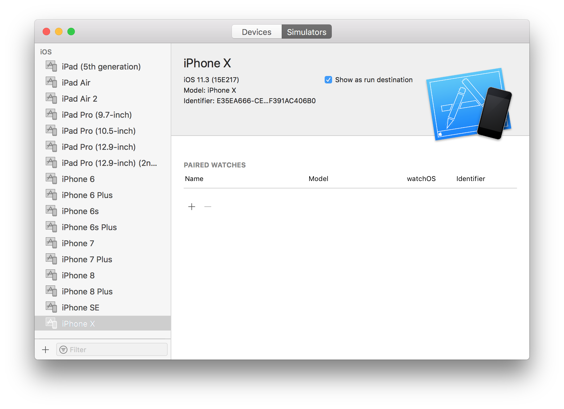 Xcode 窗口显示 Devices and Simulators 部分，并选择了 iPhone X 模拟器。