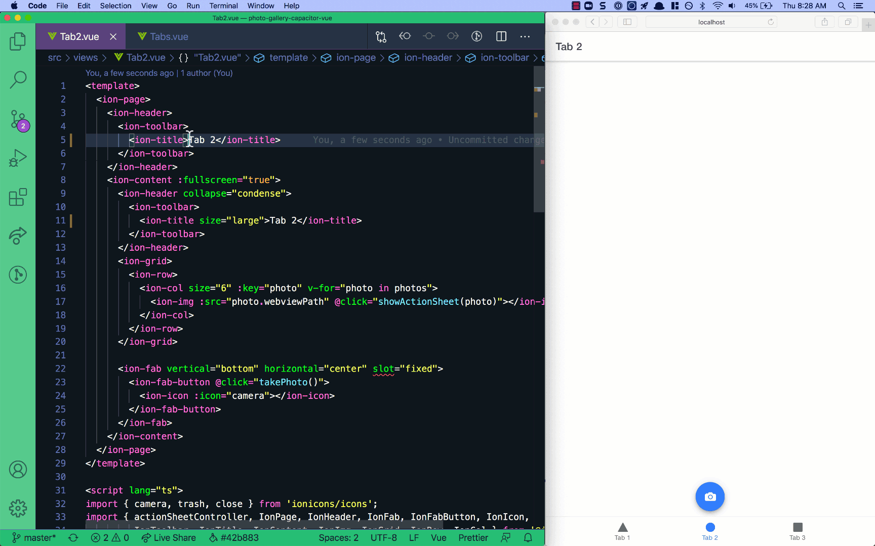 展示 Ionic 应用中实时重载功能的动画 GIF，代码更改会立即更新浏览器中的应用。