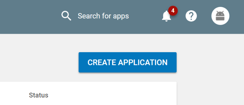 Google Play Store Developer Console，'CREATE APPLICATION' 按钮高亮显示。