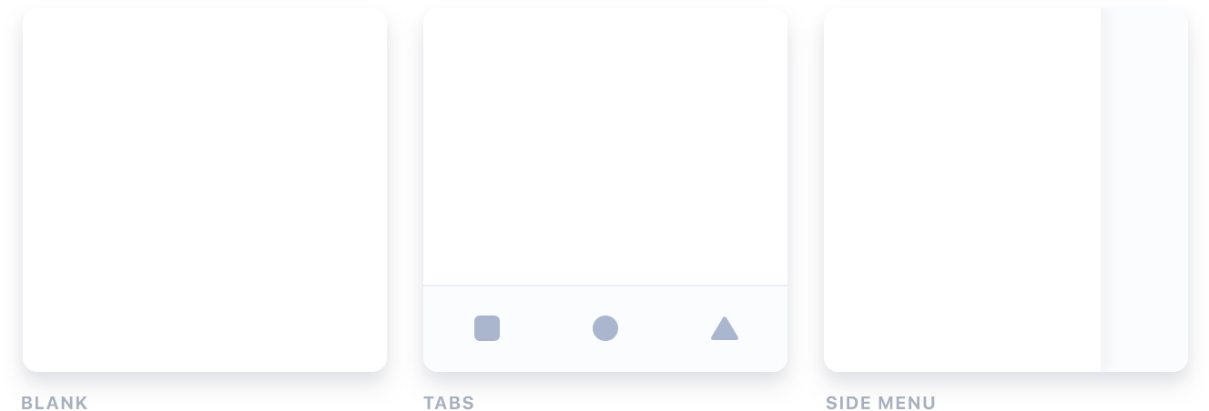 Ionic 应用模板的缩略图预览：空白、标签页和侧边菜单。