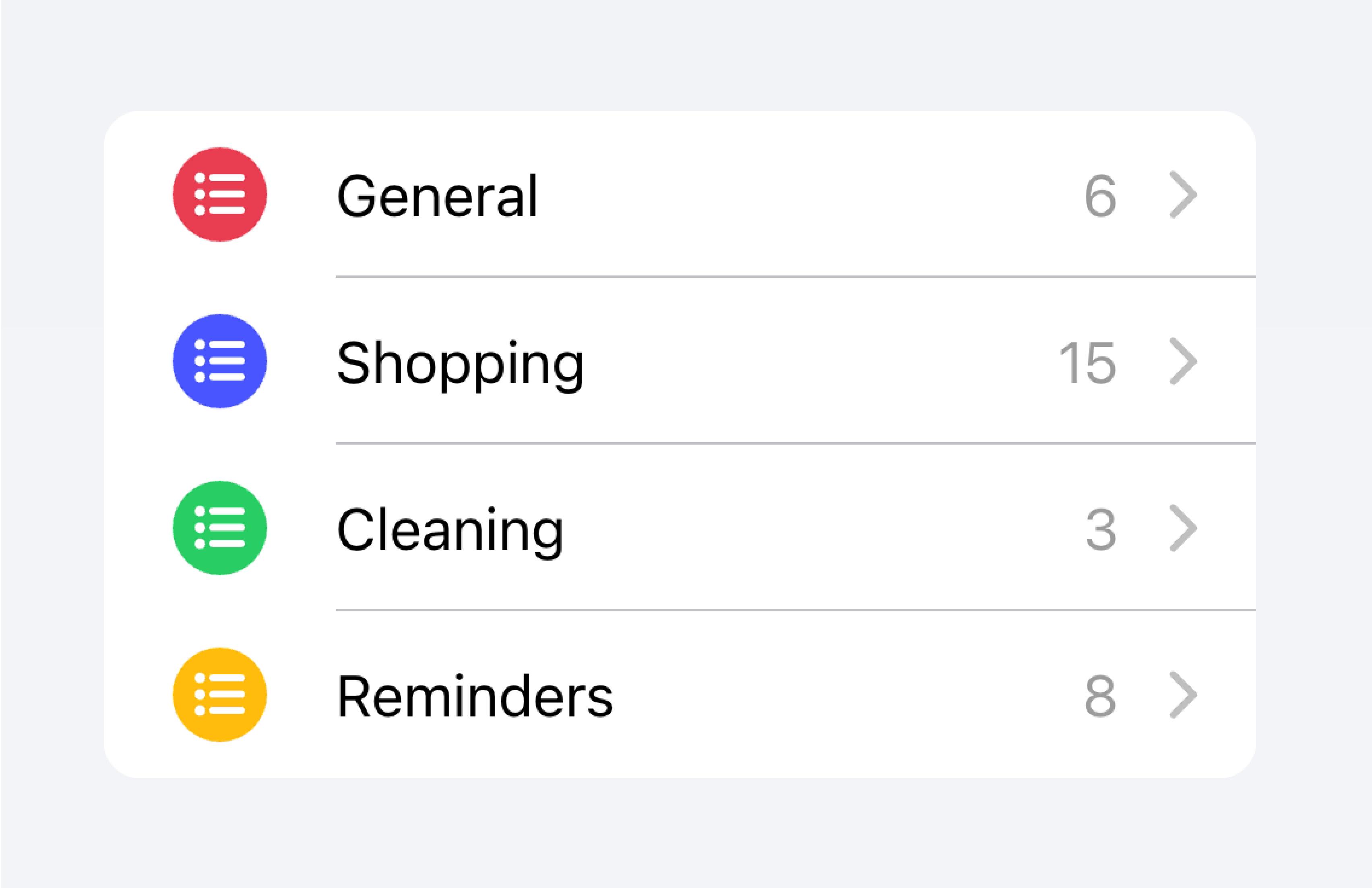 一个包含多个项目的列表，每个项目代表一个不同的待办事项清单。在每个项目的末尾，显示了该清单中的任务数量。