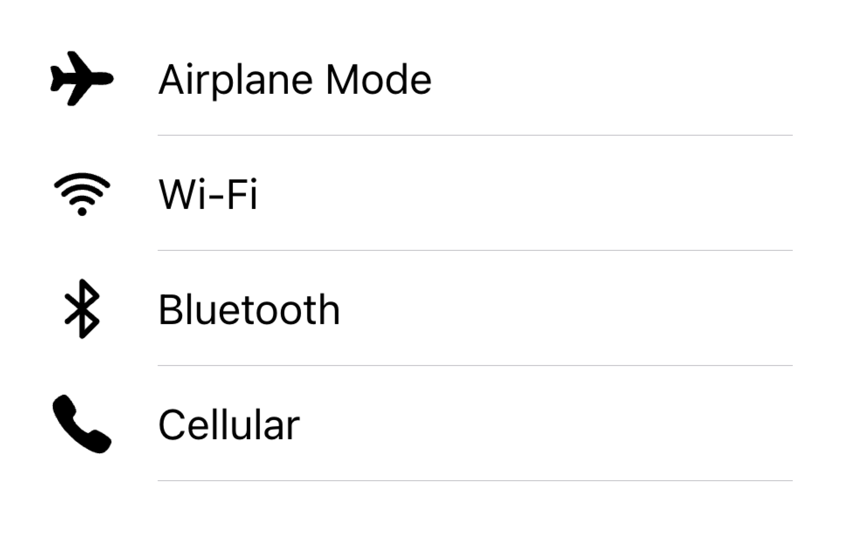 一个包含多个项目的列表。每个项目都有一个图标和描述性文本。每个项目的图标都显示在行首。